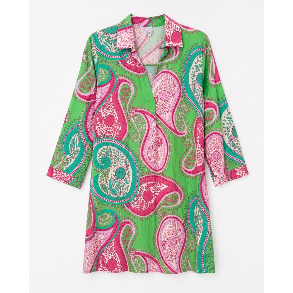 Liberty Tunic Dress Women XL Green Pink Paisley Viscose Boho Retro Psychedelic